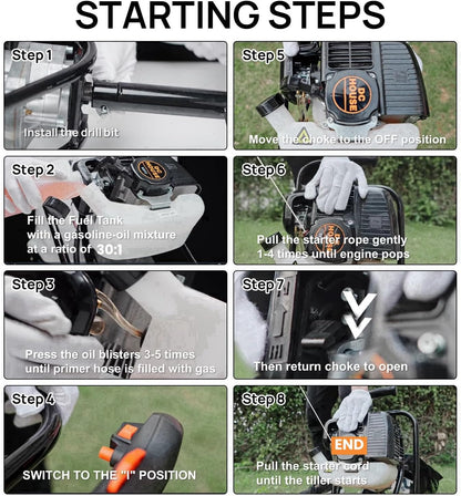 DC HOUSE 52cc 1800W Gas Powered Earth Auger EPA Certified Post Hole Digger, with 3 Drill Bits 4" 6" 8" and 3 Extension Rods 8" 12" 20", Mixing Ratio 30:1, for Fence, Farmland and Garden