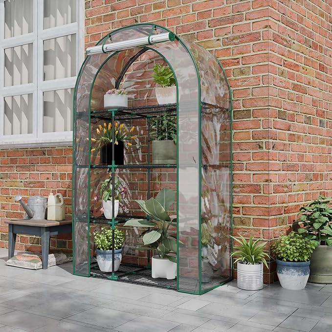 4-Tier Mini Greenhouse, 40 x 18 x 63 inch Steel Frame and PE Cover Plastic Plant Rack Stand Green House with Plant Repotting Mat for Indoor & Outdoor Use (Clear)