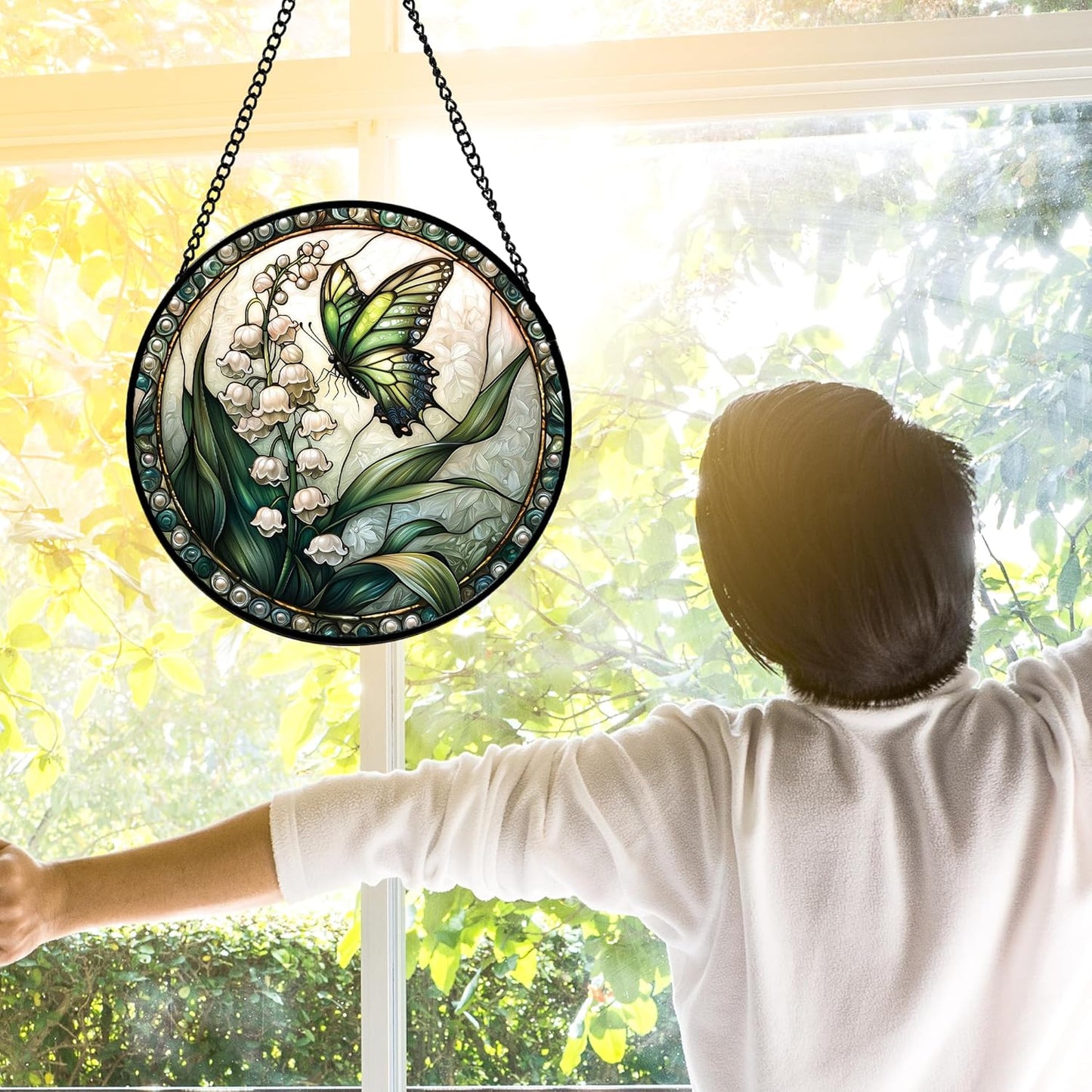 Stained Glass Window Hanging, Lily of The Valley Flower Butterfly Suncatcher for Doors Home Sun Catchers Decoration and Christmas, Mother's Day Birthday Gifts for Women, Men, Mom 9.8 in