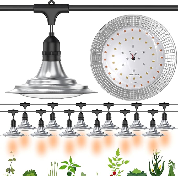 12-Light Outdoor LED Grow Lights – Waterproof Full Spectrum Greenhouse Lights for Plants, 41FT Adjustable String Lights with 576 LEDs, E26 Base Bulbs, IP44 Waterproof for Garden, Farm, Yard