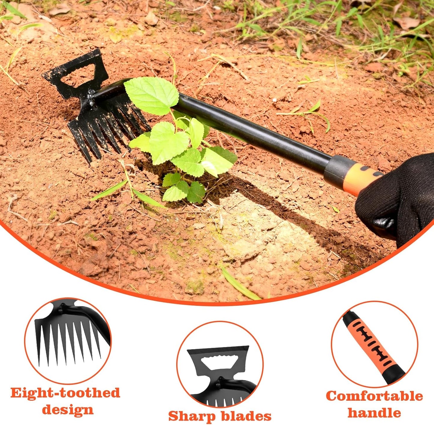 Portable Weed Removal Tool - 8-Prong Manganese Steel with Black Baked Rust-Proof Coating for Garden Lawn Farm, Non-Slip Rubber Handle