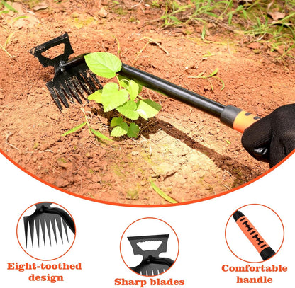 Portable Weed Removal Tool - 8-Prong Manganese Steel with Black Baked Rust-Proof Coating for Garden Lawn Farm, Non-Slip Rubber Handle