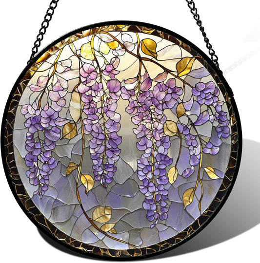 Stained Glass Window Hanging - Wisteria Flower Golden Leaves Sun Catcher for Door Home Decor Plant