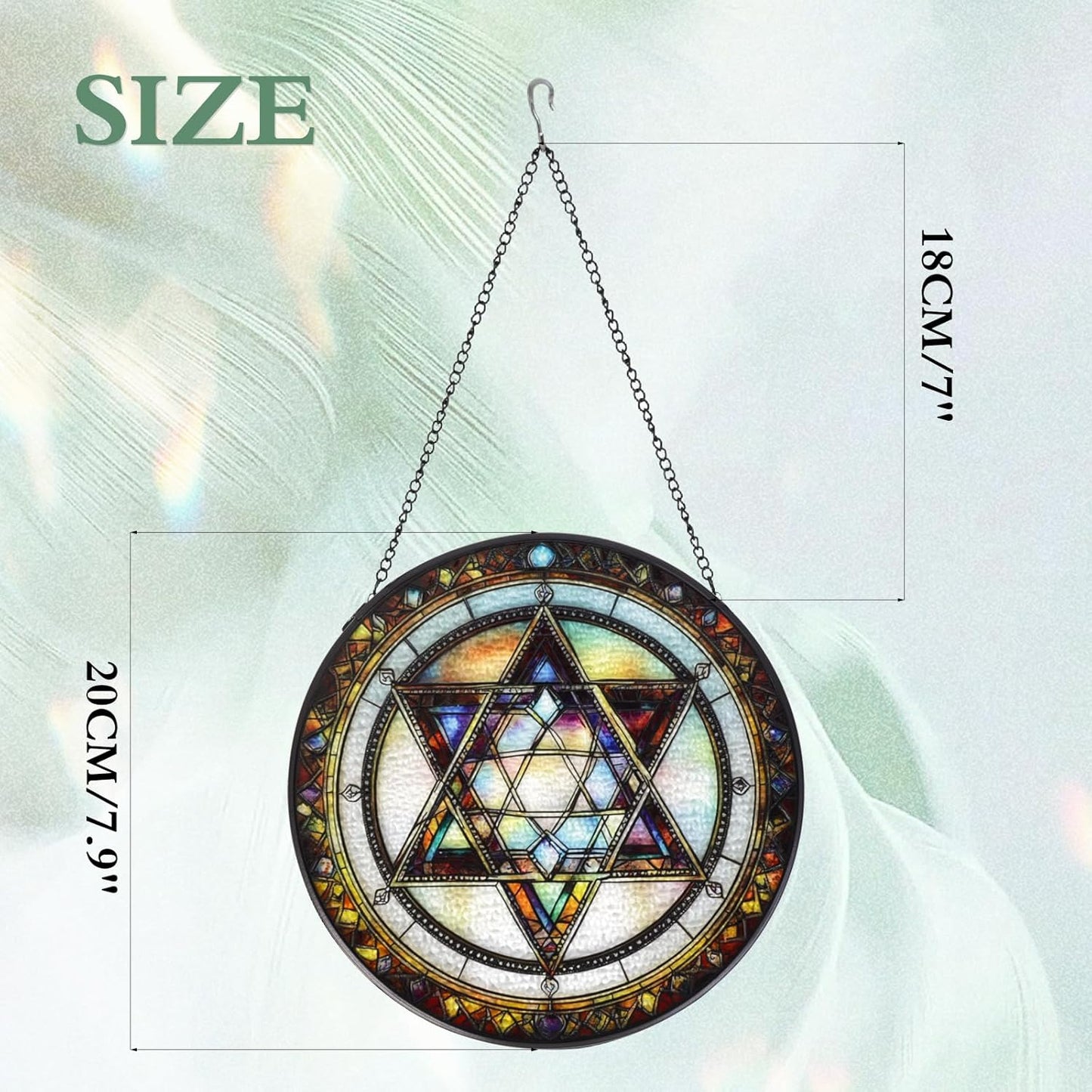 Star of David Handmade Stained Glass Window Hanging Suncatcher with Chain - 7.9" Outdoor/Indoor Art Decor for Home Garden, Wedding, Mother's, Valentine's & Christmas Ornaments Present