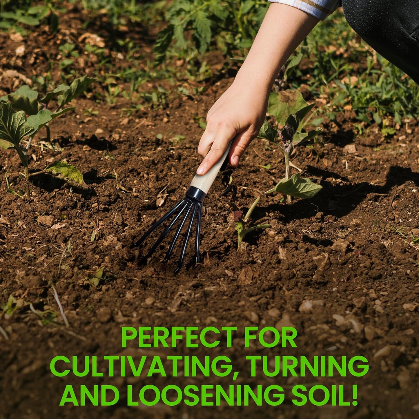 Garden Guru Hand Rake Cultivator Claw Soil Tiller - Military Grade Steel - Rust Resistant - 5 Tine Japanese Ninja Claw - Comfortable Wood Handle - Perfect Pulverized and Aerated Soil (2 Pack)