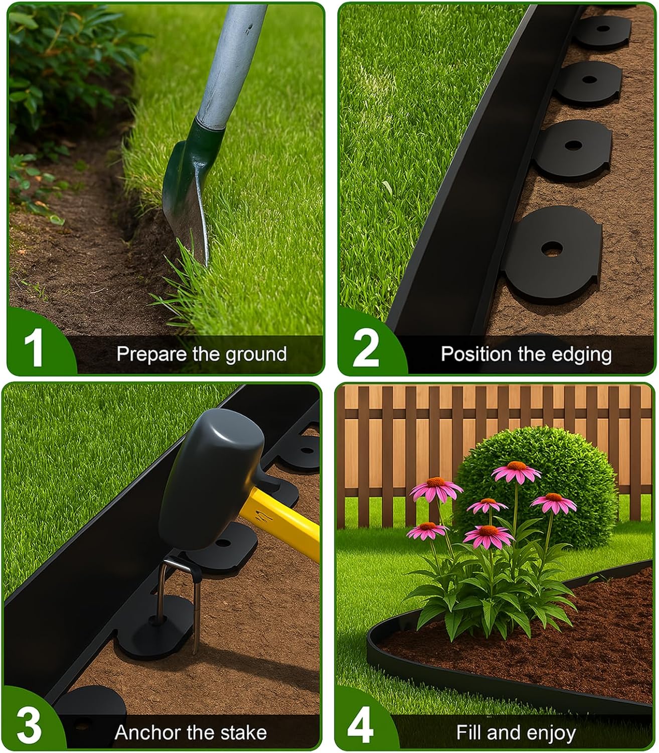 Garden Edging Kit for Landscaping 32ft L Shaped Border 2 Inch Tall Flexible Plastic Includes 50 Metal Stakes Plus Installation Hammer for Flower Beds Lawn and Yard