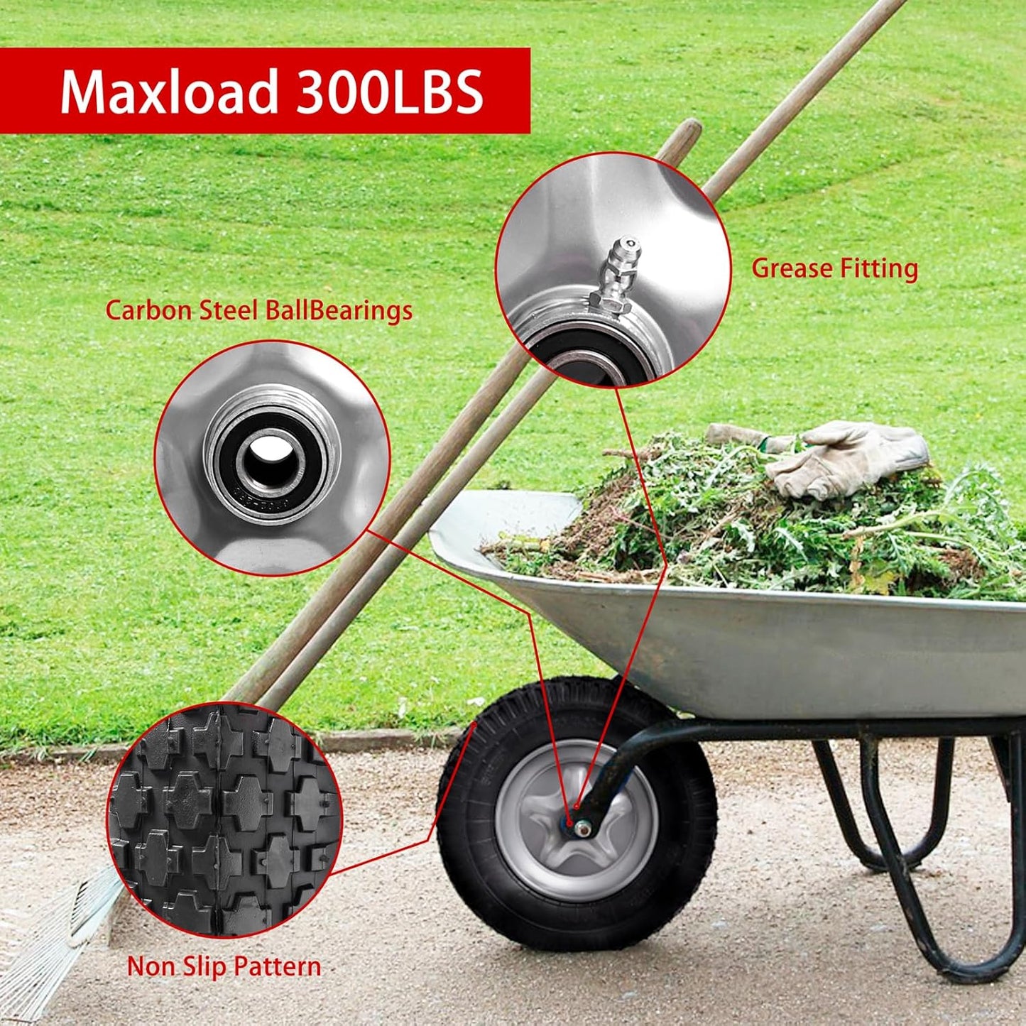 4.80/4.00-8" Tire, 16" Pneumatic Wheelbarrow Tire and Wheel with 5/8" Bearings (Extra 3/4") and 3" Centered Hub for Wheelbarrow/Garden Carts/Hand Truck/Yard Wagon Dump Cart (2-Pack)
