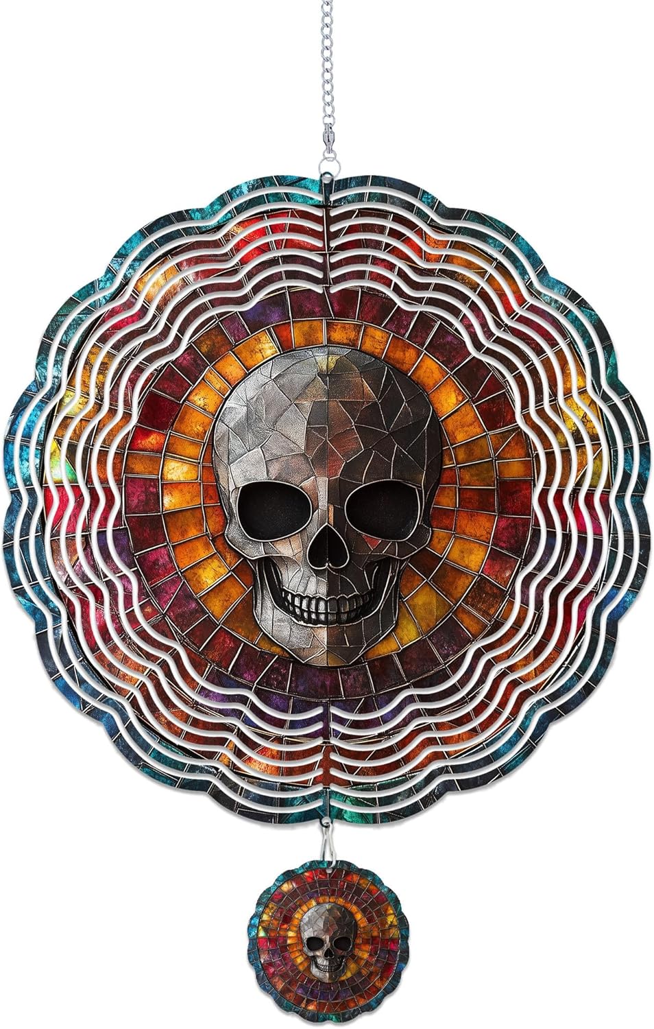 Wind Spinners Outdoor, Retro Halloween Skull 3D Stainless Steel Wind Sculpture Spinner for Garden Outside Hanging Decor Mother's Day Christmas Birthday Gifts for Women Men Mom Nana 11.8 in