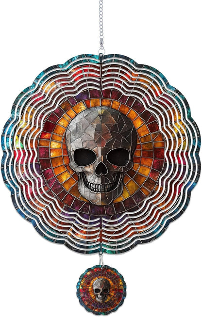 Wind Spinners Outdoor, Retro Halloween Skull 3D Stainless Steel Wind Sculpture Spinner for Garden Outside Hanging Decor Mother's Day Christmas Birthday Gifts for Women Men Mom Nana 11.8 in