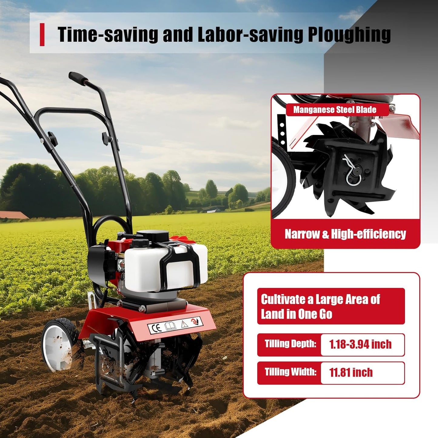 Mini Tiller Cultivator, Powerful 52cc Two-Stroke Single-Cylinder Gasoline Engine, Gear Drive Transmission, Height Adjustable Wheels, for Gardening RED