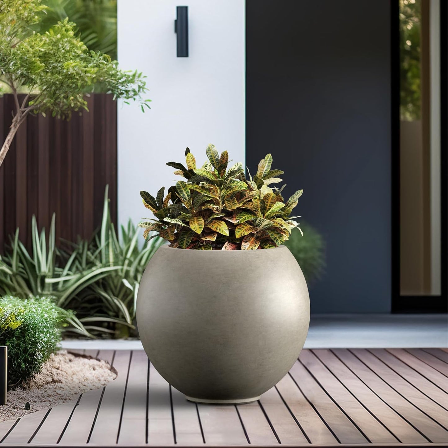 Kante Round Concrete Flower Pot, 19.3 Inch Dia (14" Opening) Sphere Shape Design Planter with Drainage Hole and Rubber Plug for Outdoor Plants, Weathered Concrete Finish with Warm Brown Interior