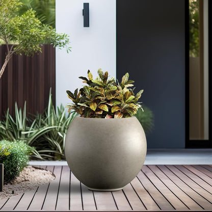 Kante Round Concrete Flower Pot, 19.3 Inch Dia (14" Opening) Sphere Shape Design Planter with Drainage Hole and Rubber Plug for Outdoor Plants, Weathered Concrete Finish with Warm Brown Interior