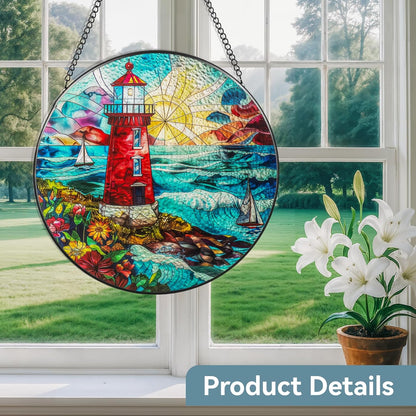 Suncatcher Stained Glass Window Hanging - Lighthouse Glass Panel with Metal Chain and Hooks Handmade Sun Catcher Decoration for Window Garden Home Christmas & Birthday Gifts (8 Inch)