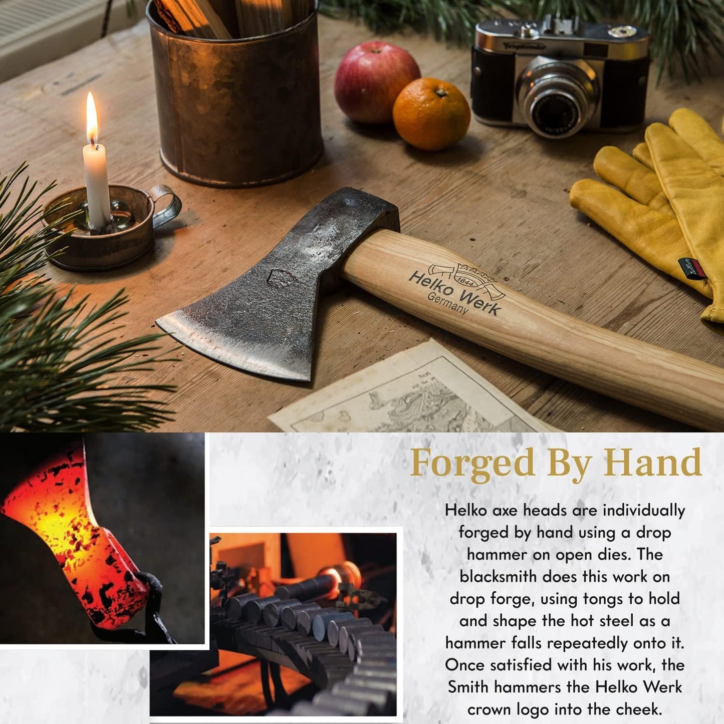 1844 Helko Werk Germany Traditional Rheinland Hatchet - Made in Germany Camping Hatchet and Bushcraft, Backpacking Handmade German Hatchet - Head 1.25 lbs, Handle 14 in. (Rheinland Hatchet) #11326