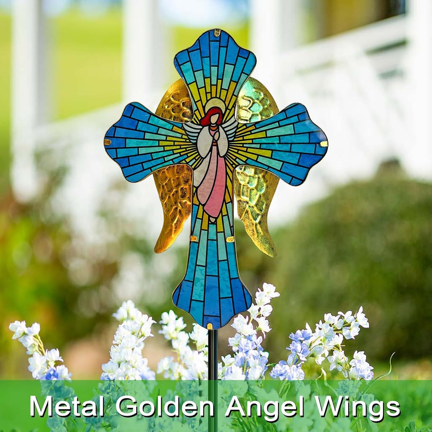 WAIU 33 Inch Solar Cross Garden Light Outdoor Decorative - Solar Acrylic Jesus and Metal Angel Wings Stake Light Waterproof Warm White LED for Remembrance Gifts & Sympathy Gifts.