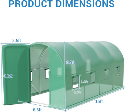15x7x7 ft Walk-in Tunnel Greenhouse for Outdoor Gardening - Heavy Duty Galvanized Steel Hoop House with Green PE Cover, A Swing Door & 8 Vent Windows, Plant Protection & Year-Round Growing