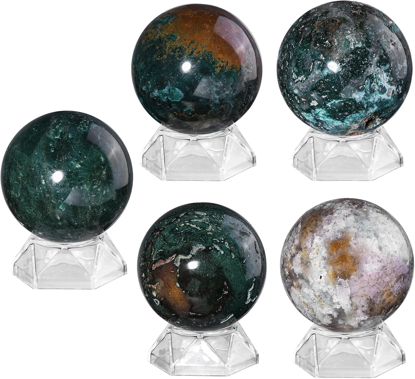 Natural Ocean Jasper Crystal Ball with Acrylic Display Base, 61-70mm Polished Stone Feng Shui Crystal Sphere Meditation Decoration for Home & Office