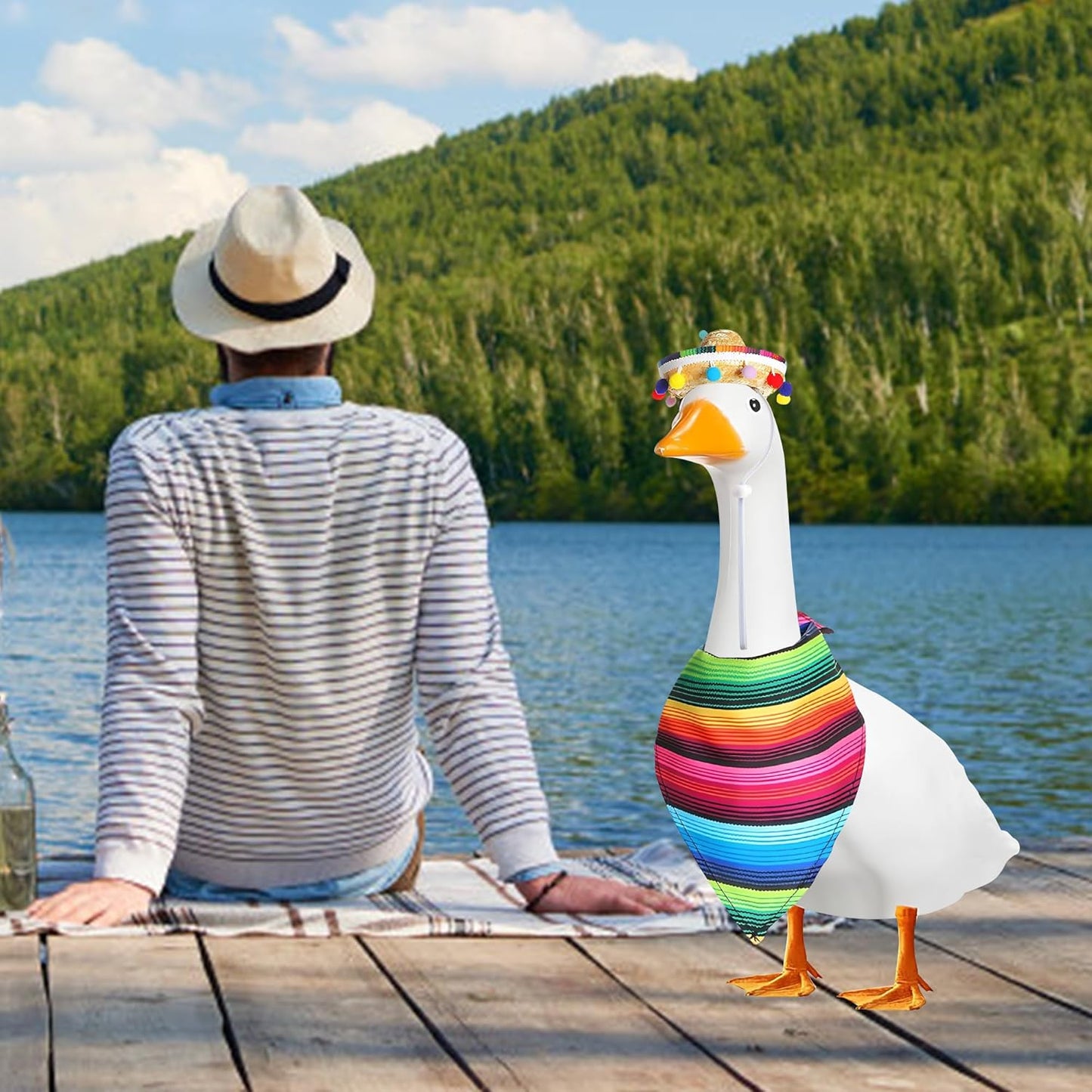 XIMEO Porch Goose Outfit for 17" & 23" Lawn Goose – Striped Poncho & Hat Clothes Set – Outdoor Porch Goose Decoration for Duck or Garden Statues