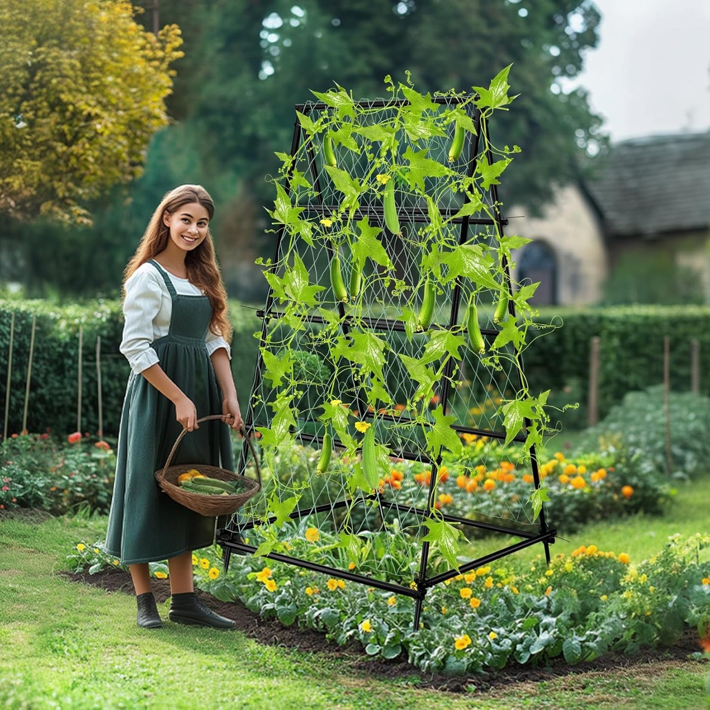 unho Garden Trellis for Climbing Plants with Tough Nylon Netting, 6ft Tall Sturdy Rustproof Metal Plant Support Tower for Vegetable Fruit Vine Cucumber Garden Lightweight，Outdoor