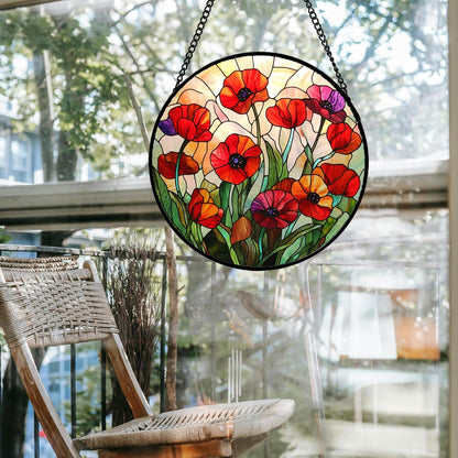 Stained Glass Window Hanging - Poppy Birth Flowers Suncatcher for Door Garden Yard Wildflowers Sun Catchers Decor Christmas Mother's Day Birthday Gifts for Women Mom Nana Friend 7.8 in