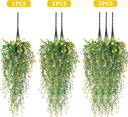 Artificial Hanging Flowers, 3 Pcs Fake Hanging Plants Artificial Vines for Outdoors, Fake Ivy Vine UV Resistant No Fade Faux Plants for Indoor Outside Garden Patio Yard Greenery Decoration (Yellow)