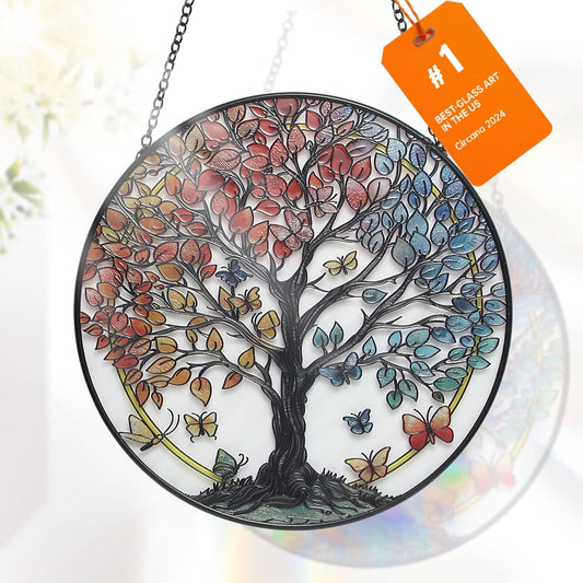Large Tree of Life Garden Suncatcher, Stained Glass Window Hanging, Suncatchers for Windows Hanging, for Friends, Family, and Women 9.9 * 9.9IN