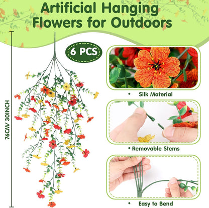 6 Pcs Artificial Fall Hanging Flowers Outdoor Silk Mum Plants Autumn Decor Faux Violet with Eucalyptus Realistic UV Resistant Trailing Vine Thanksgiving Porch Yard(Bright Color,Violet)