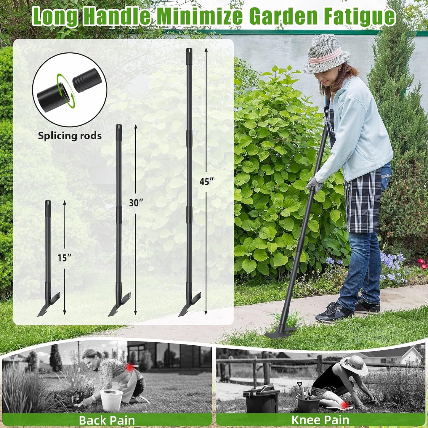 Garden Hoe,2 in 1 Heavy Duty Scuffle Weeding Hoe Garden Tool with Shaped Edge, 45 inch Long Handle, Hand Weeding Rake Action Hoe for Weeding Gardening Grass Weed Moss Removal