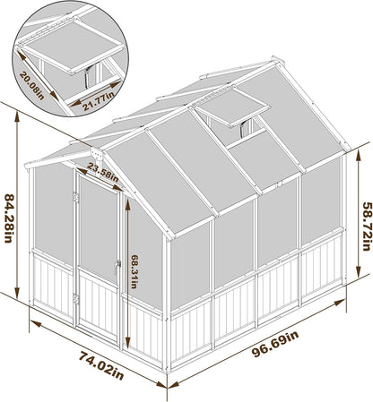 6x8 FT Greenhouse Kit for Outdoor, Thickened Polycarbonate Panel Wooden Walk-in Green House with Lockable Door and Adjustable Roof Vent, Backyard Garden, Black