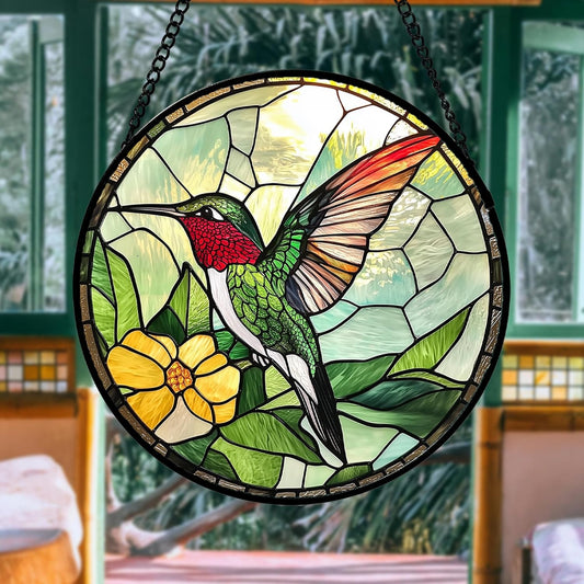Stained Glass Window Hanging, Green Hummingbird Sun Catcher for Door Home Decor, Birds Suncatcher