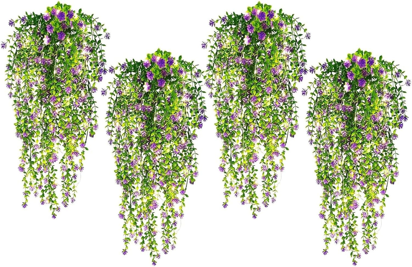 SJL Hanging Greenery 4pcs Realistic Artificial Hanging Plants with Lights Indoor Faux Ivy Plastic Flowers Green Leaves Fake Plants Eucalyptus for Bedroom Party Porch Decor (Purple)