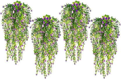 SJL Hanging Greenery 4pcs Realistic Artificial Hanging Plants with Lights Indoor Faux Ivy Plastic Flowers Green Leaves Fake Plants Eucalyptus for Bedroom Party Porch Decor (Purple)