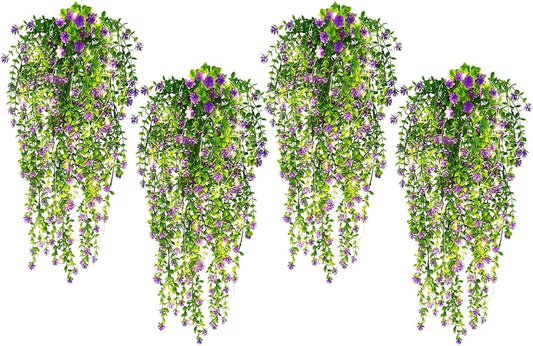 SJL Hanging Greenery 4pcs Realistic Artificial Hanging Plants with Lights Indoor Faux Ivy Plastic Flowers Green Leaves Fake Plants Eucalyptus for Bedroom Party Porch Decor (Purple)