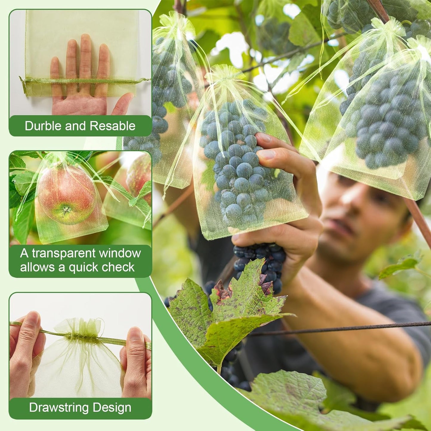 SATINIOR 160 Pcs Fruit Protection Bags, Green Netting Bags, Fruit Cover Mesh Garden Organza Bag with Drawstring for Vegetable Tomato Plant Flower Mosquito Bug Insect Bird Net Barrier