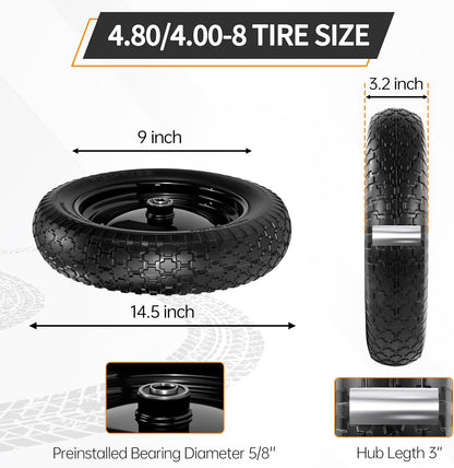 2 PCS 4.80/4.00-8 Flat Free Tire and Wheel, 14.5 Solid Wheelbarrow Tires, 5/8" 3/4" Bearings，3"-7" Centered Hub for Hand Truck, Garden Cart, Universal Fit 4.80/4.00-8, 3.50/3.00-8 4.00-6 etc