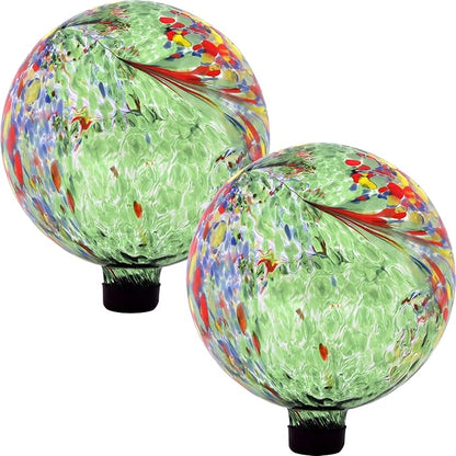 Sunnydaze 10-Inch Gazing Ball for Garden - Glass Gazing Globe for Outside - Garden Orb Yard Decor - Green Artistic - Set of 2
