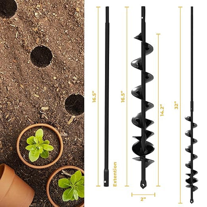 Auger Drill Bit for Planting 2x32'' - with Extension - Spiral Hole Planter for Bulbs, Fence Posts, and Umbrella Holes - 3/8'' Hex Drive Drill- Gardening Hole Digger Yard Tools