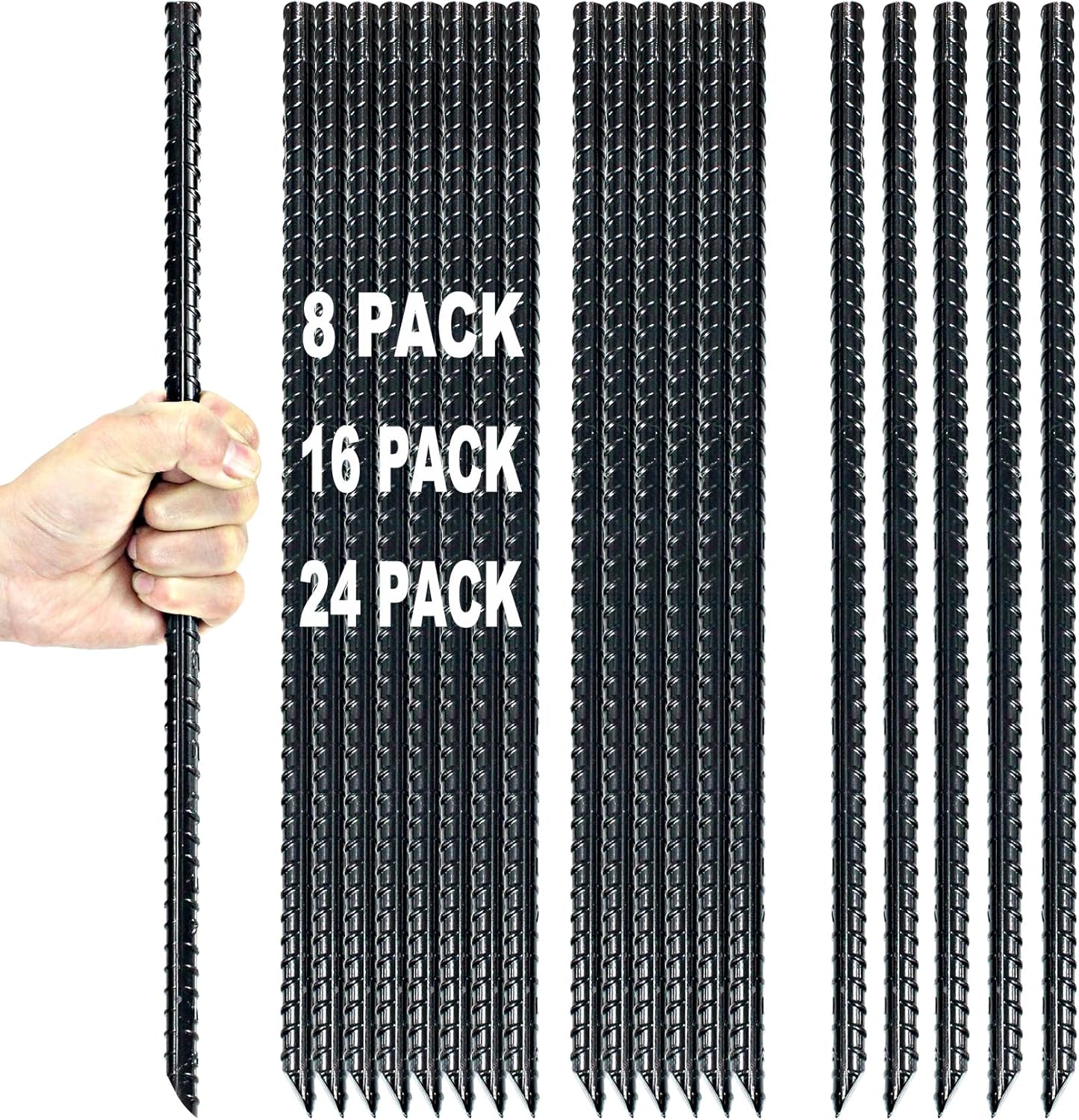 16 Inch Ground Rebar Stakes Heavy Duty Steel Ground Anchors for Outdoor, Straight Metal Stakes with Chisel Point end, Black Powder Coated (24)