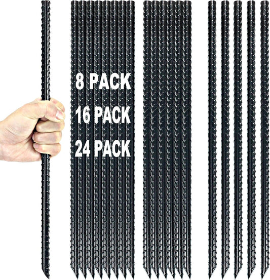16 Inch Ground Rebar Stakes Heavy Duty Steel Ground Anchors for Outdoor, Straight Metal Stakes with Chisel Point end, Black Powder Coated (24)