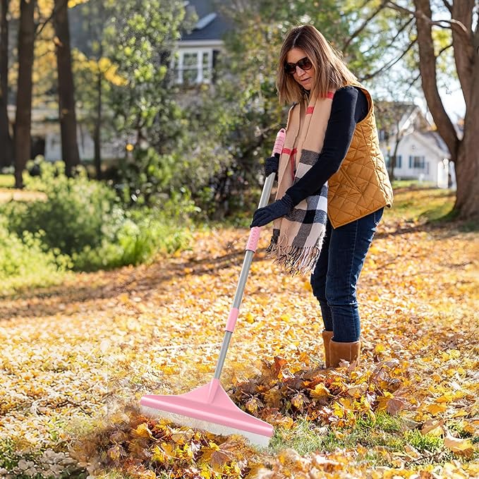 Artificial Turf Rake with Steel Telescopic Handle, 32 to 55 Inch 3 Piece-Pole Easy Storage Design, Garden Hand Boom Rake for Artificial Grass, Carpet Pet Hair, Lawn Leaves and Debris Remove, Pink