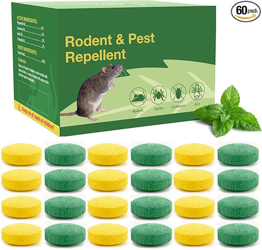 Rodent Repellent with Peppermint Oil -Mouse/Rat/Squirrel Repellent for Garage/Attic/Car Engine - Natural Indoor & Outdoor Mice/Mole Deterrent, Safe vs Moth Balls & Traps (60 Pack)