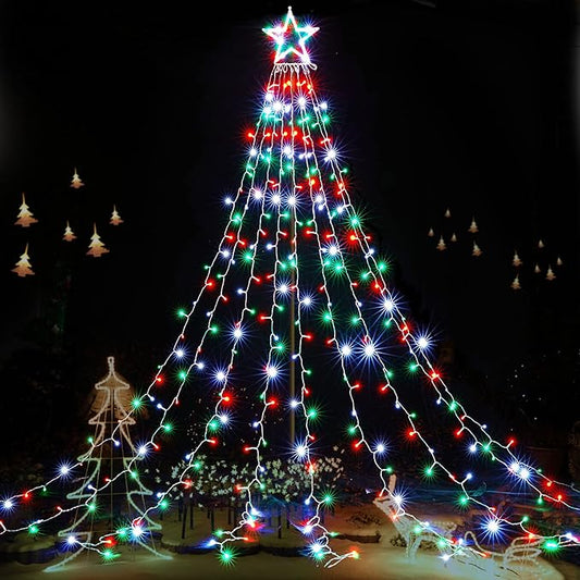 BlcTec Outdoor Christmas Lights 344 LED Christmas Star Lights with 9 Strands 11.9ft Waterfall Tree Lights, 8 Modes, Waterproof & Timer for Garden Yard Patio Outdoor Xmas Decorations，Red Green White
