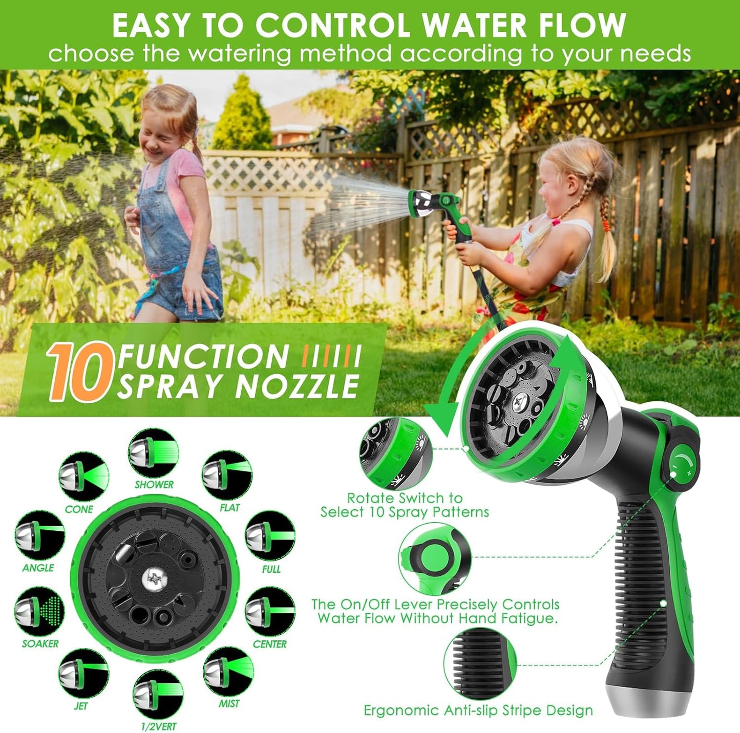 Non-Expandable Garden Hose 75 ft, Ultra Lightweight & Flexible Water Hose With 10-Pattern Spray Nozzle, Full Length Leak-Proof Design, High-Density Fabric & Shut-Off Valve, Hose Straps