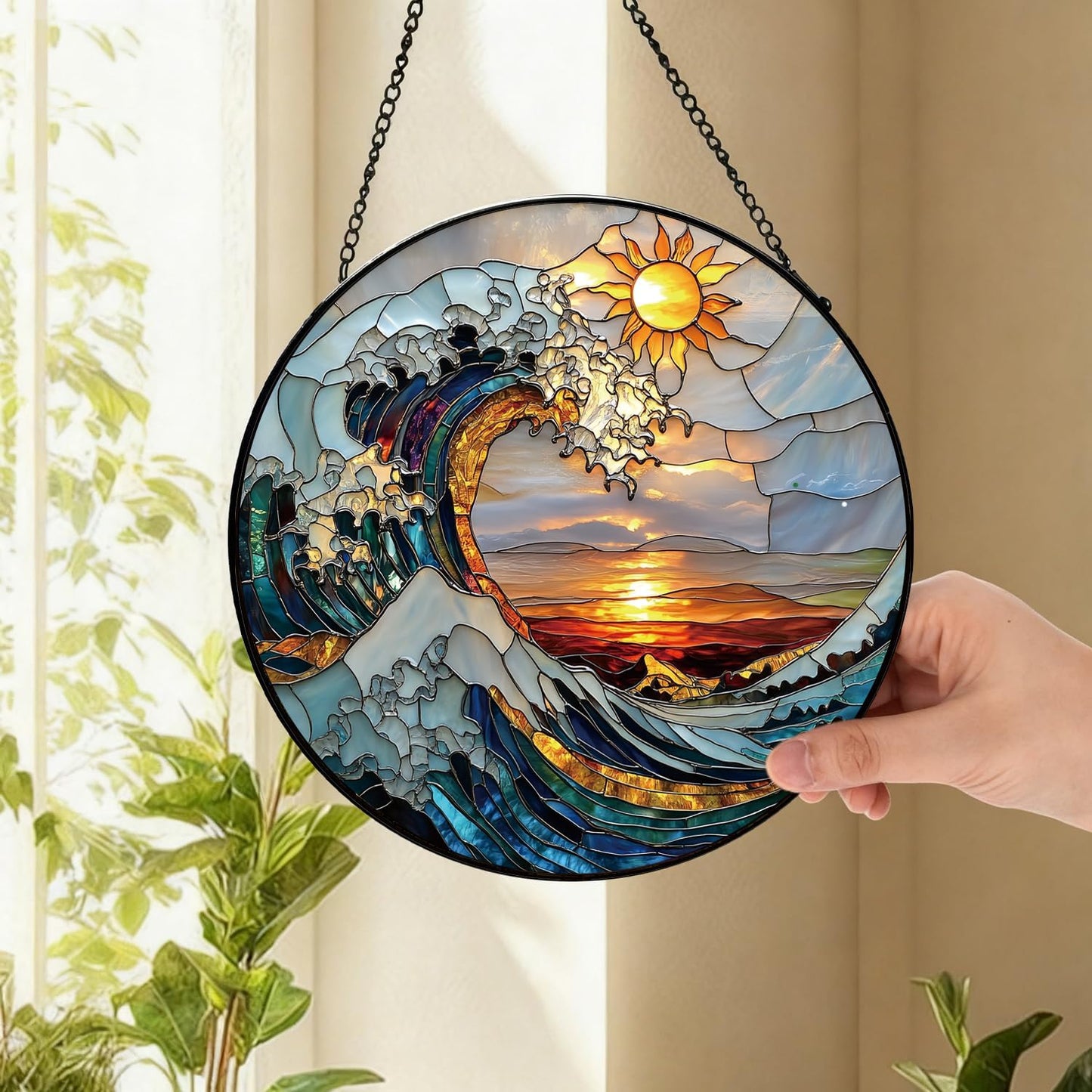 The Ocean Waves and The Sunrise Suncatcher -7.9 in Stained Glass Window Hanging Sun Catcher Garden Decor
