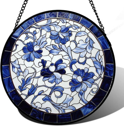 Stained Glass Window Hanging, Blue and White Abstract Flowers Sun Catcher for Door Home Decor Suncatcher Christmas Mother's Day Birthday Gifts for Women Men Mom and Nana 6.3 in