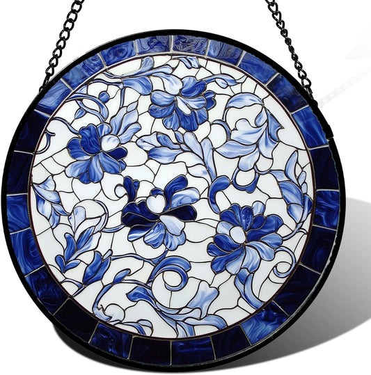 Stained Glass Window Hanging, Blue and White Abstract Flowers Sun Catcher for Door Home Decor