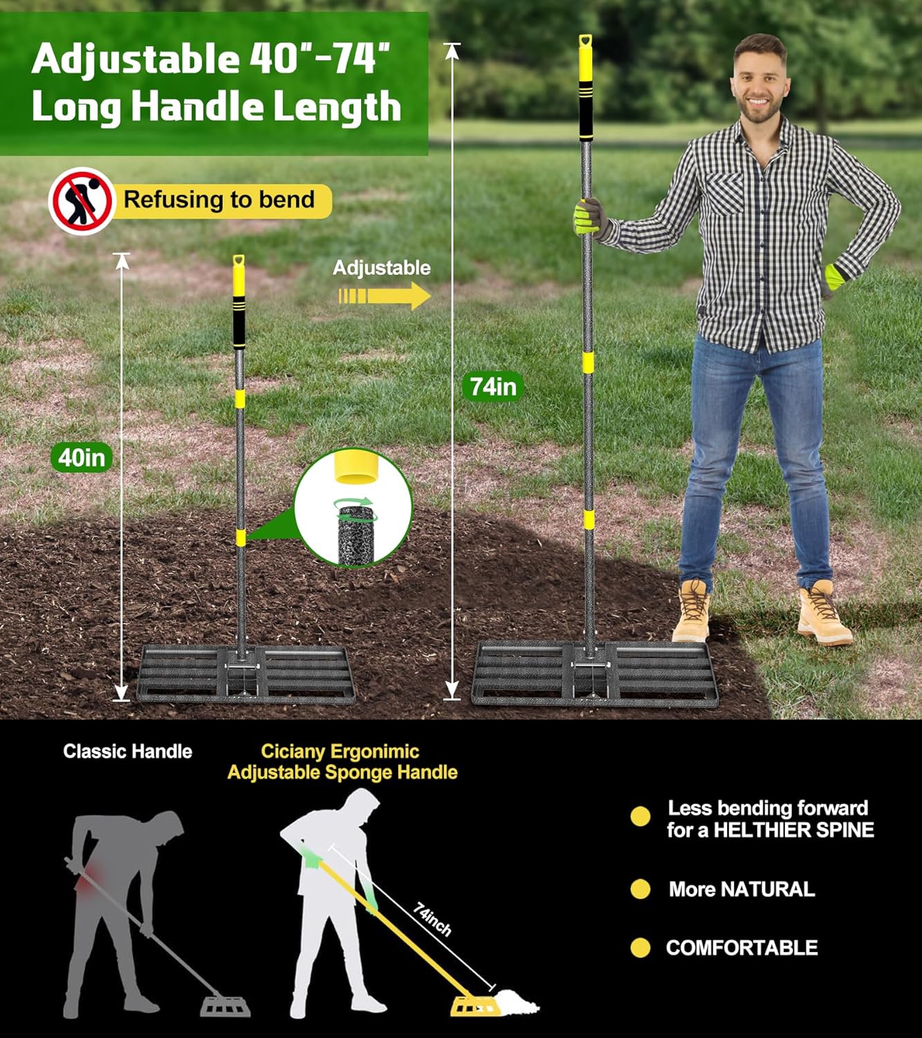 Lawn Leveling Rake 30x10 Inch , Heavy-Duty Yard Leveling Rake 6.2FT Leveler Tool for Soil, Sand & Topsoil, Backyard, Garden, Golf Course