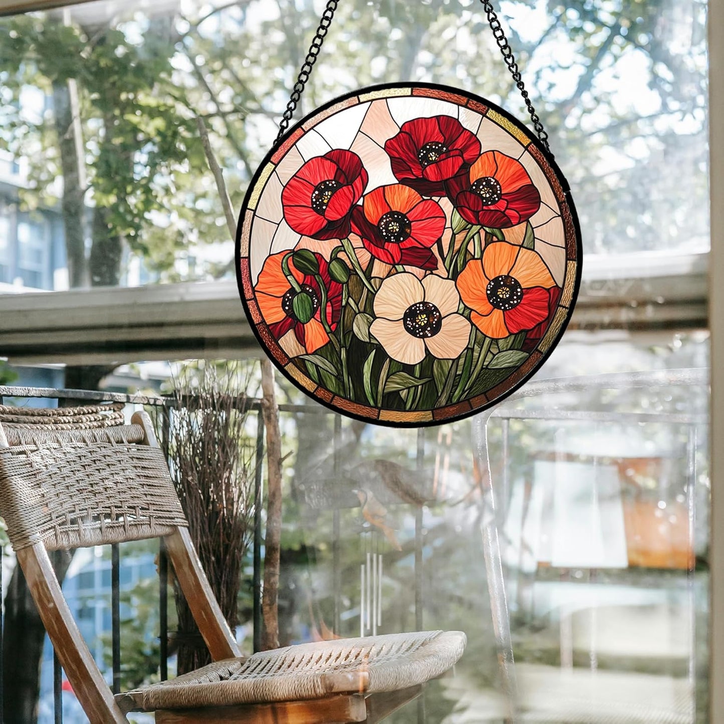 Stained Glass Window Hanging - Orange Red Poppy Flowers Suncatcher for Door Garden Yard Sun Catchers Decor Christmas Mother's Day Birthday Gifts for Women Mom Nana Friend Men 9.8 in