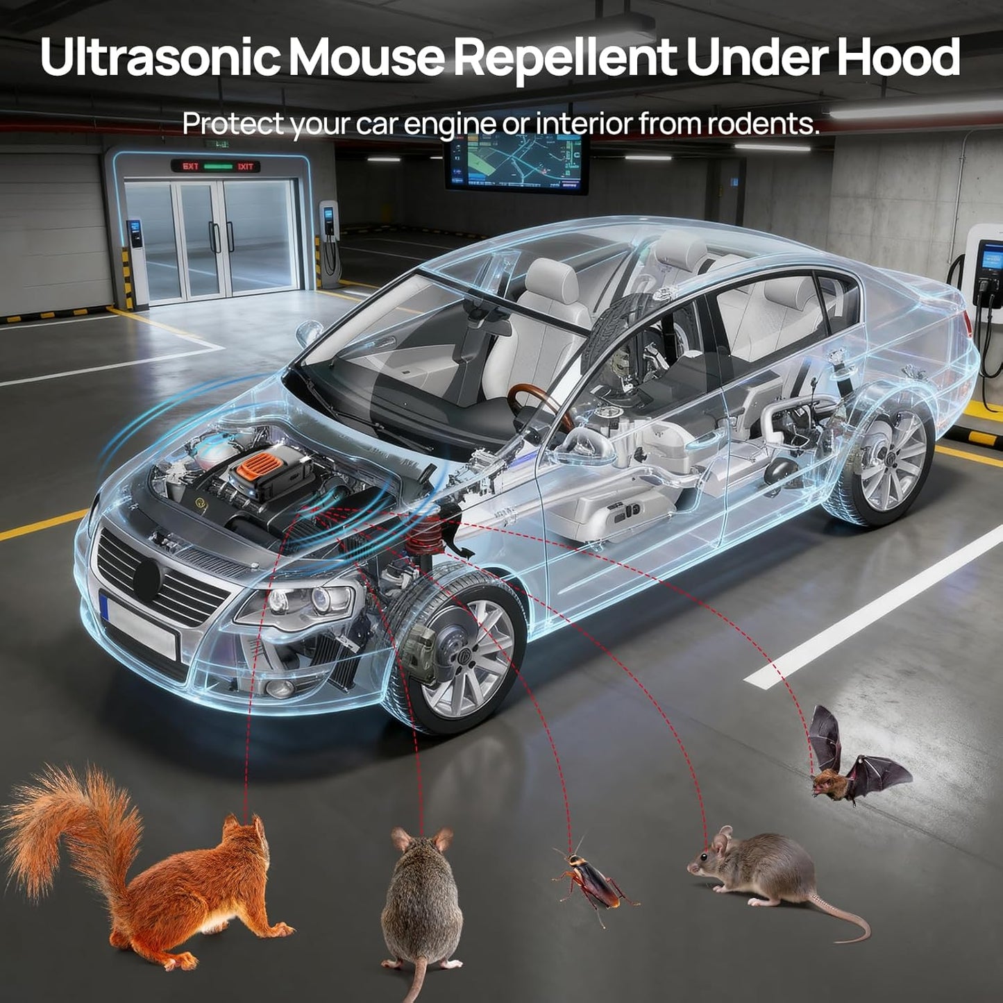 Rodent Repellent for car Engine, Ultrasonic Mouse Repellent Under Hood, Plug-in Powered, 4 Flashing LED Strobe Lights, Keep Rats and Mice Away from Car, Vehicle, RV, Garage 2 Pack (Unscented x2)