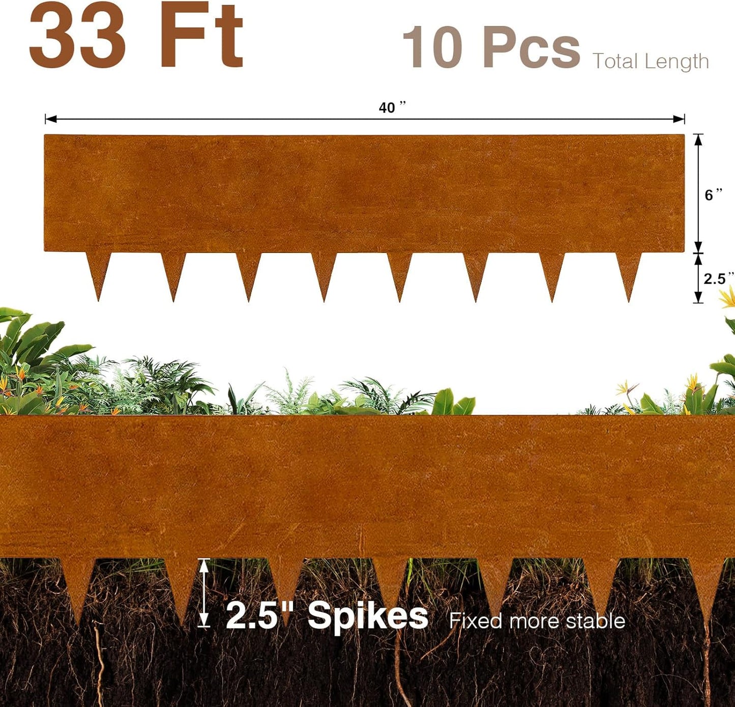 10-Pack Corten Steel Landscape Lawn Edging 8.5 inch Height, Rust Patina Finish Bendable Metal Strips, Hammer-in Edge Border - Yard Pathway Divider, 40 inch Each(33Ft Total), #LYLB85RT-US